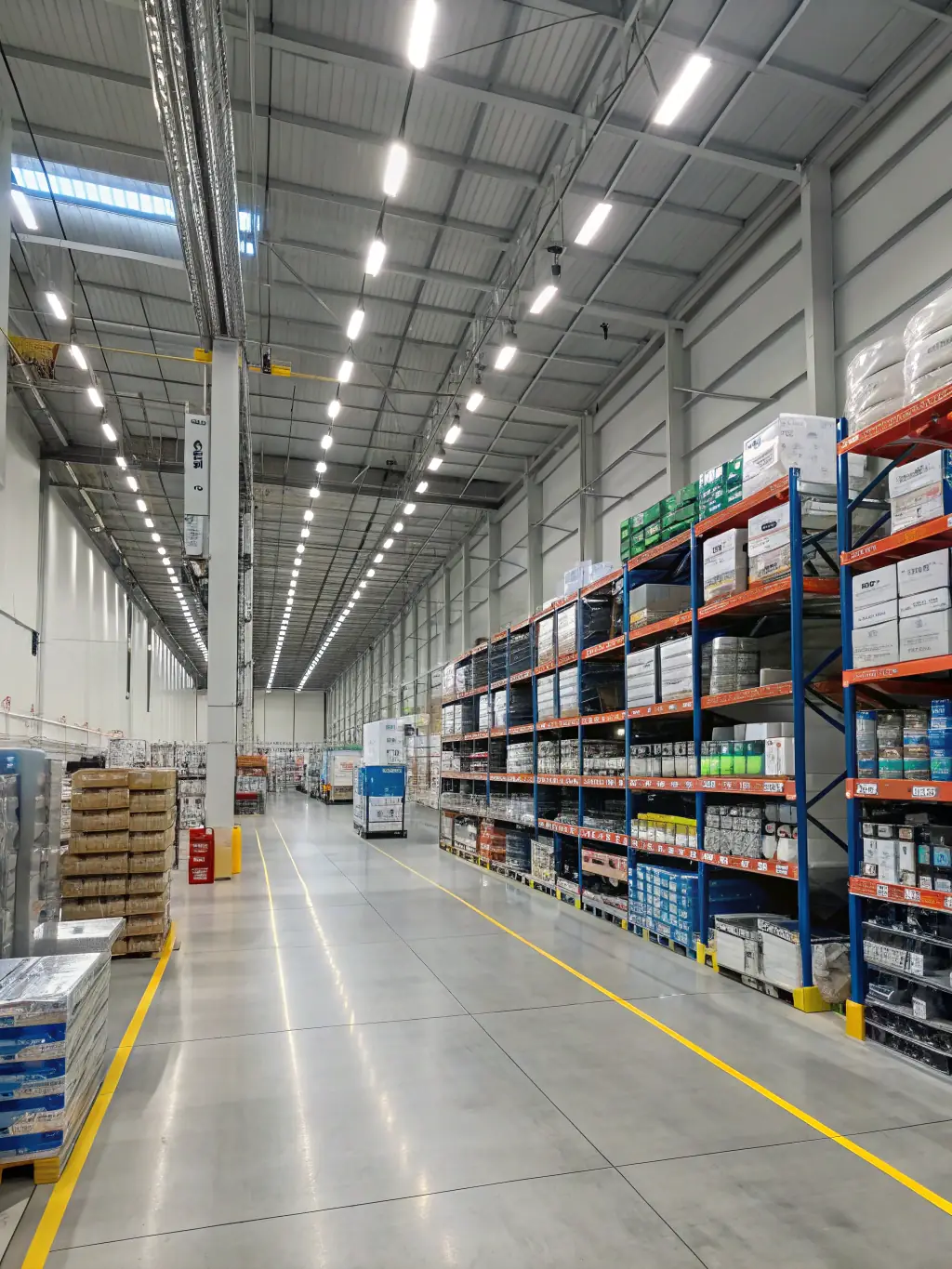 A high-angle shot of a well-organized warehouse filled with various types of building materials, showcasing the company's extensive inventory and efficient logistics.