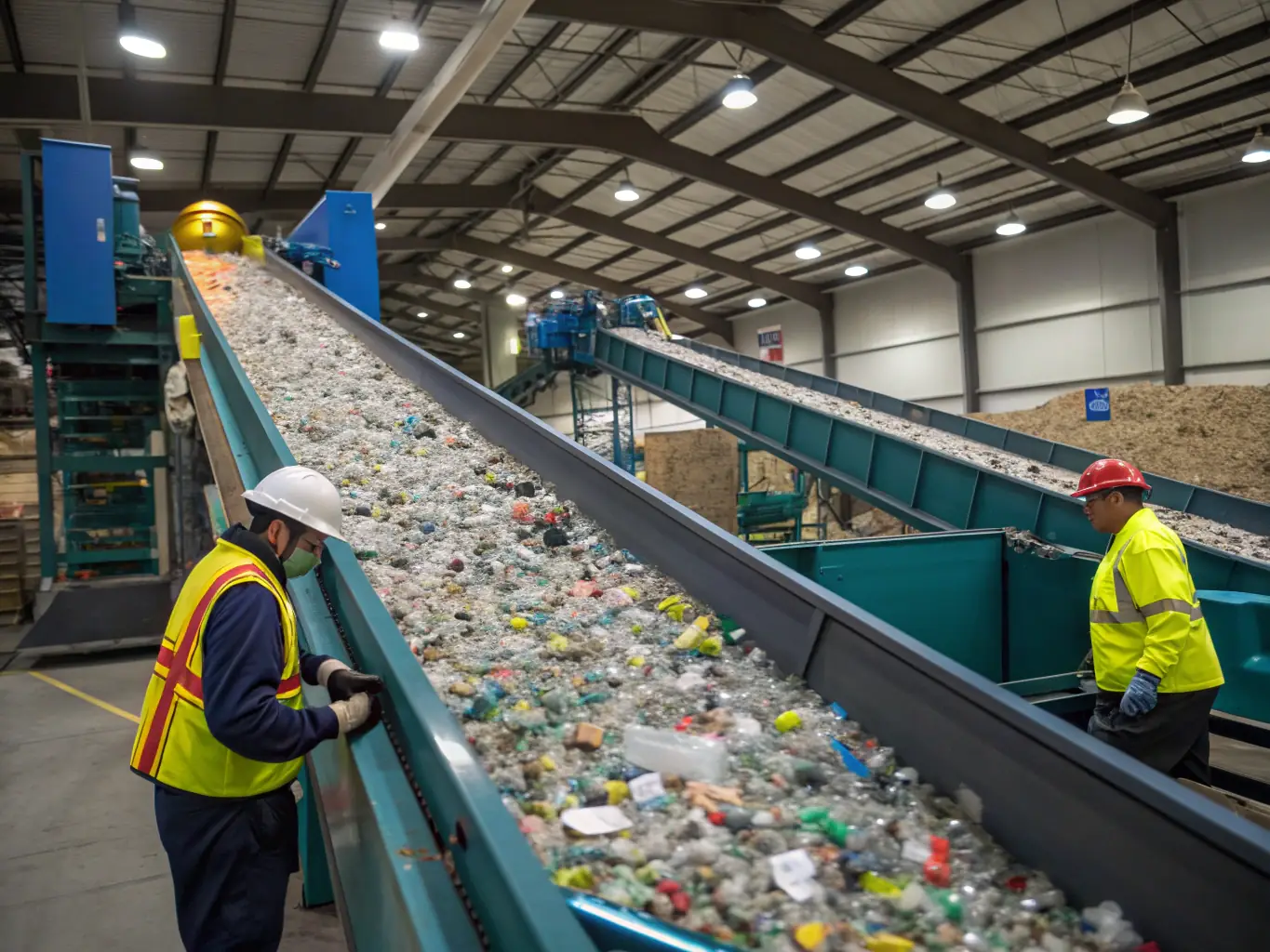 A modern recycling facility with advanced machinery processing plastic waste into valuable building materials, showcasing RePolyBuild International's commitment to sustainability.