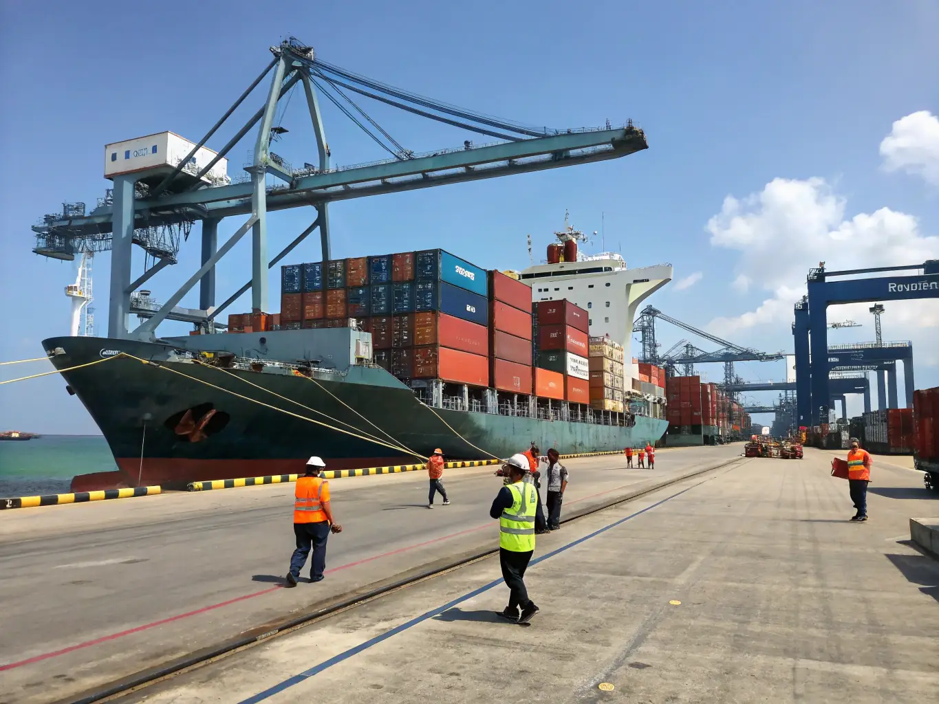 A cargo ship at a bustling port, containers filled with various building materials being loaded and unloaded, symbolizing RePolyBuild International's global import and export operations.