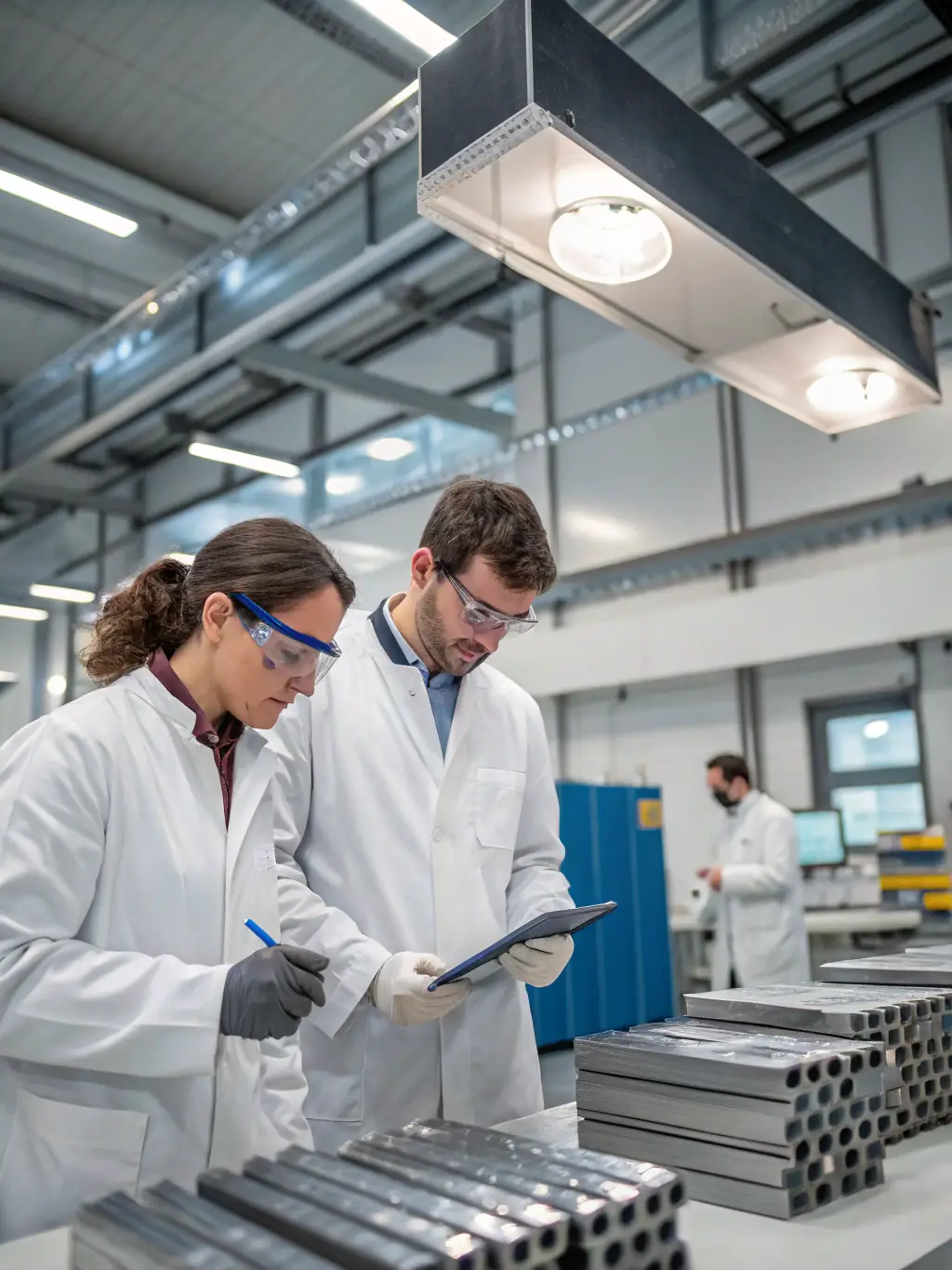 A team of engineers and technicians inspecting building materials in a quality control lab, emphasizing the company's commitment to quality assurance.