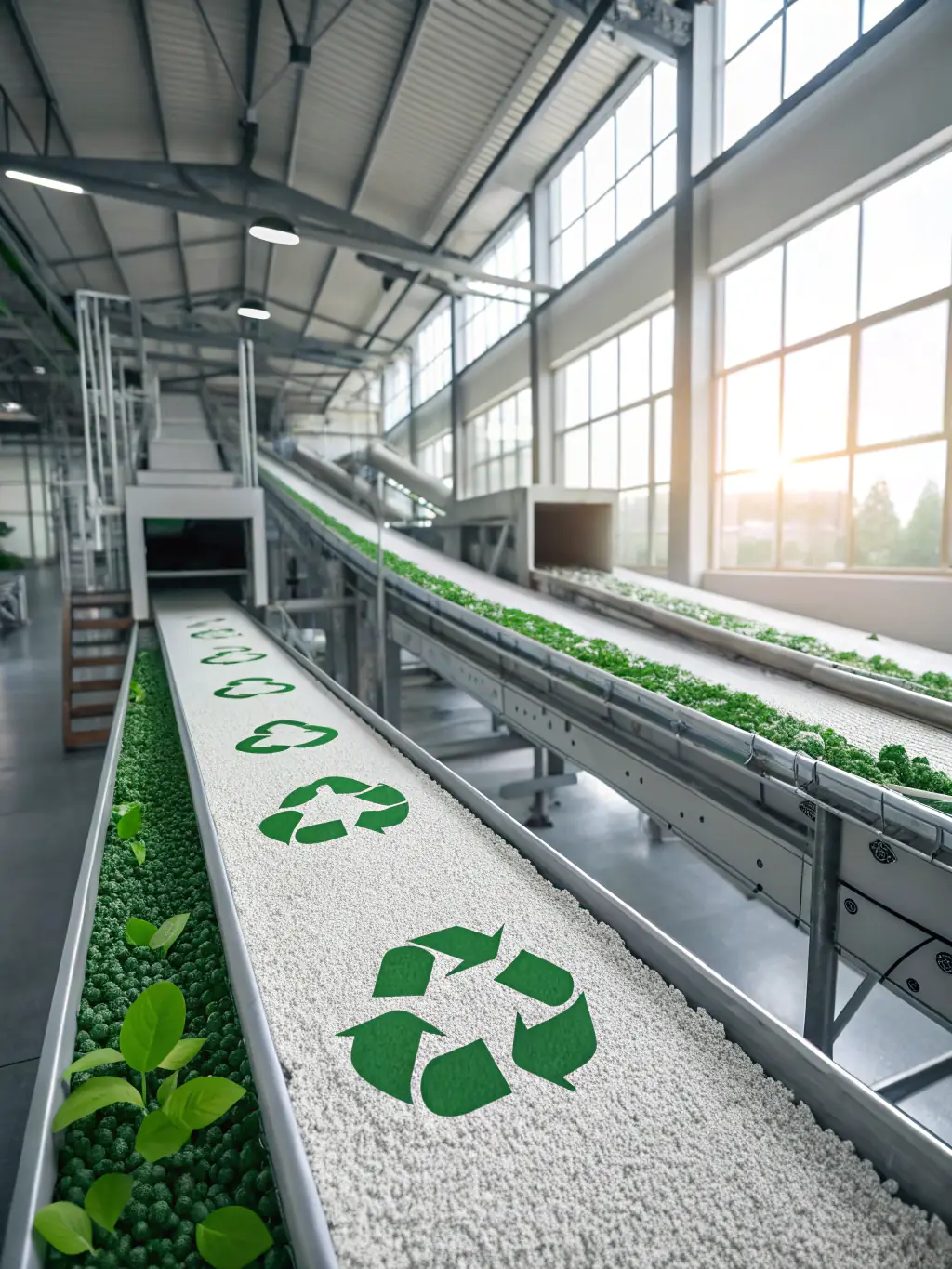 A modern recycling plant with advanced machinery processing plastic waste, illustrating the company's commitment to sustainable practices.