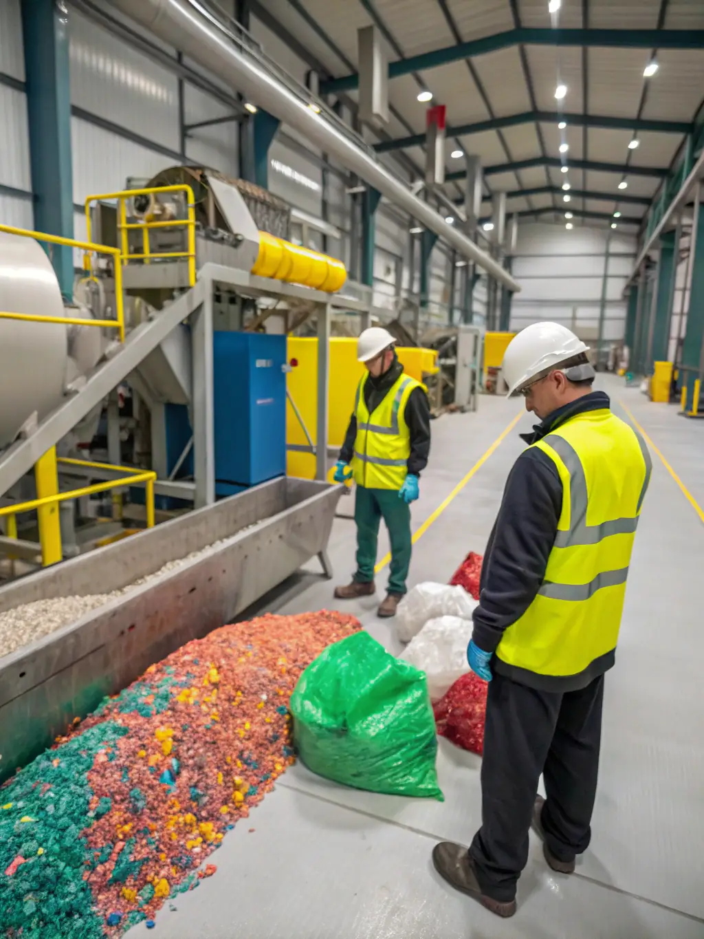 A photograph of a large shipment of mixed plastic waste being sorted at a RePolyBuild International recycling facility, highlighting the initial stage of their recycling process.