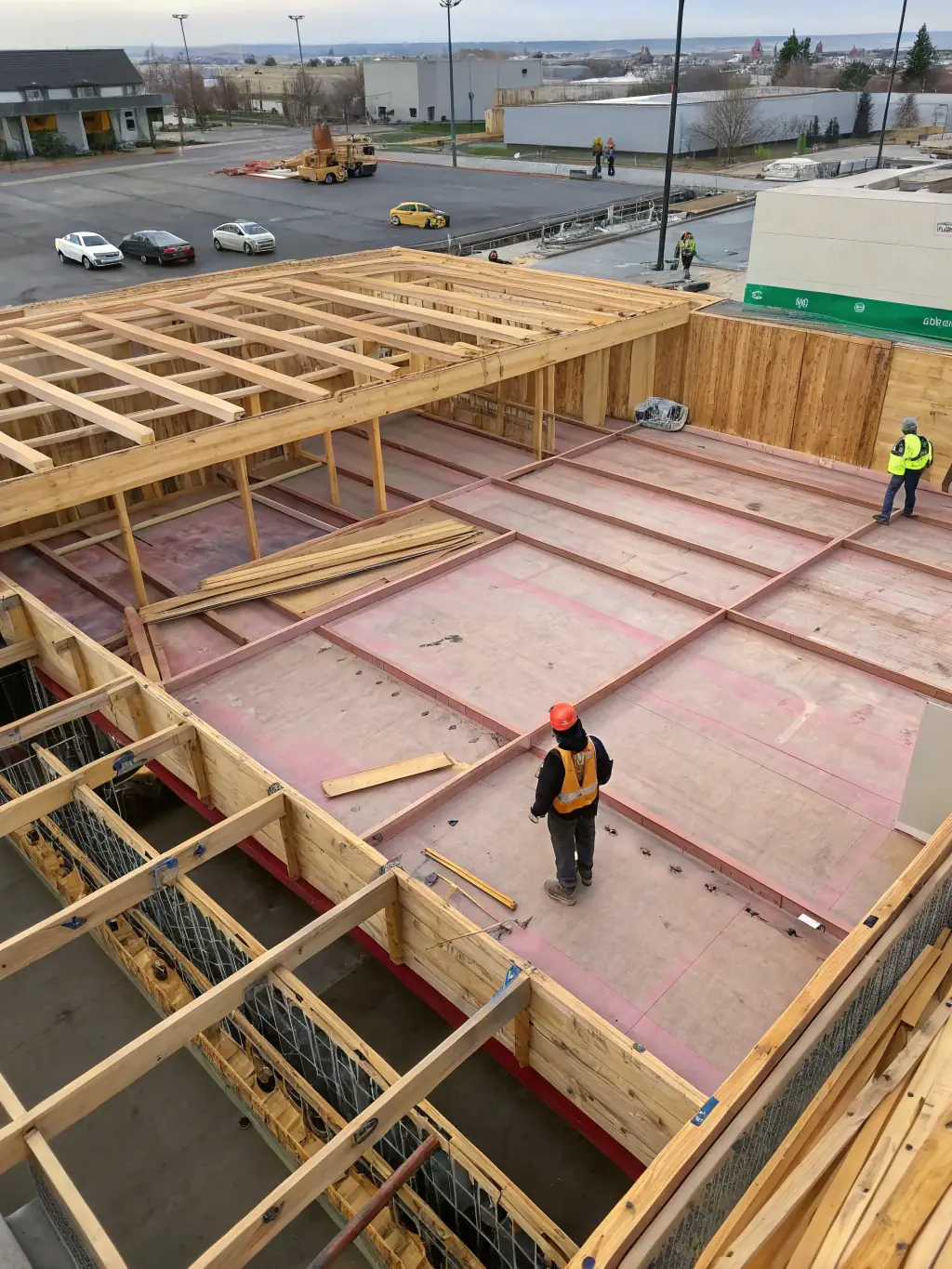 A wide shot of a construction site where recycled plastic composites are being used for structural support, showcasing their strength and load-bearing capabilities by RePolyBuild International.