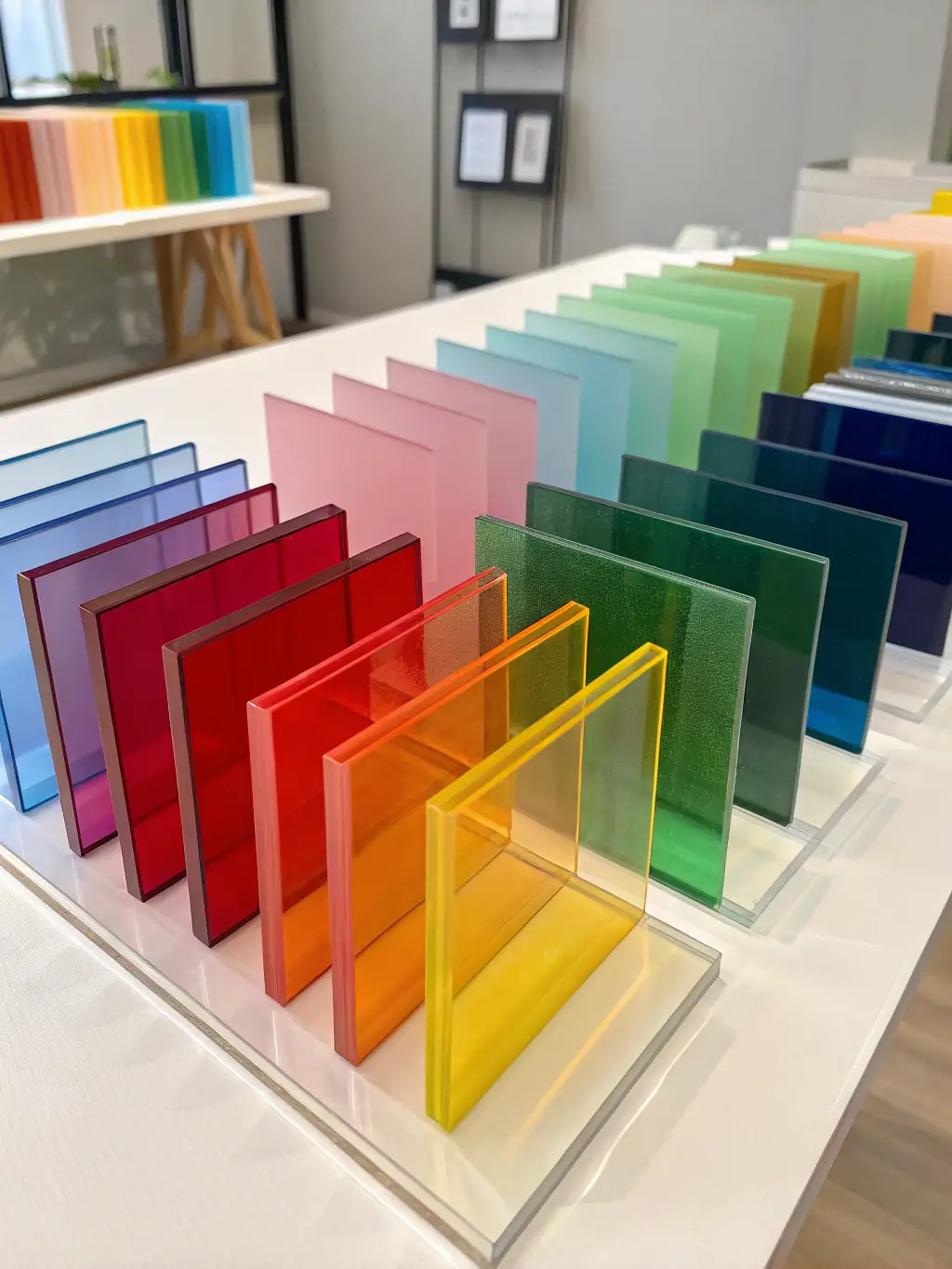 A medium shot of various plastic sheets and panels in different colors and thicknesses, highlighting their versatility for use in construction and interior design by RePolyBuild International.