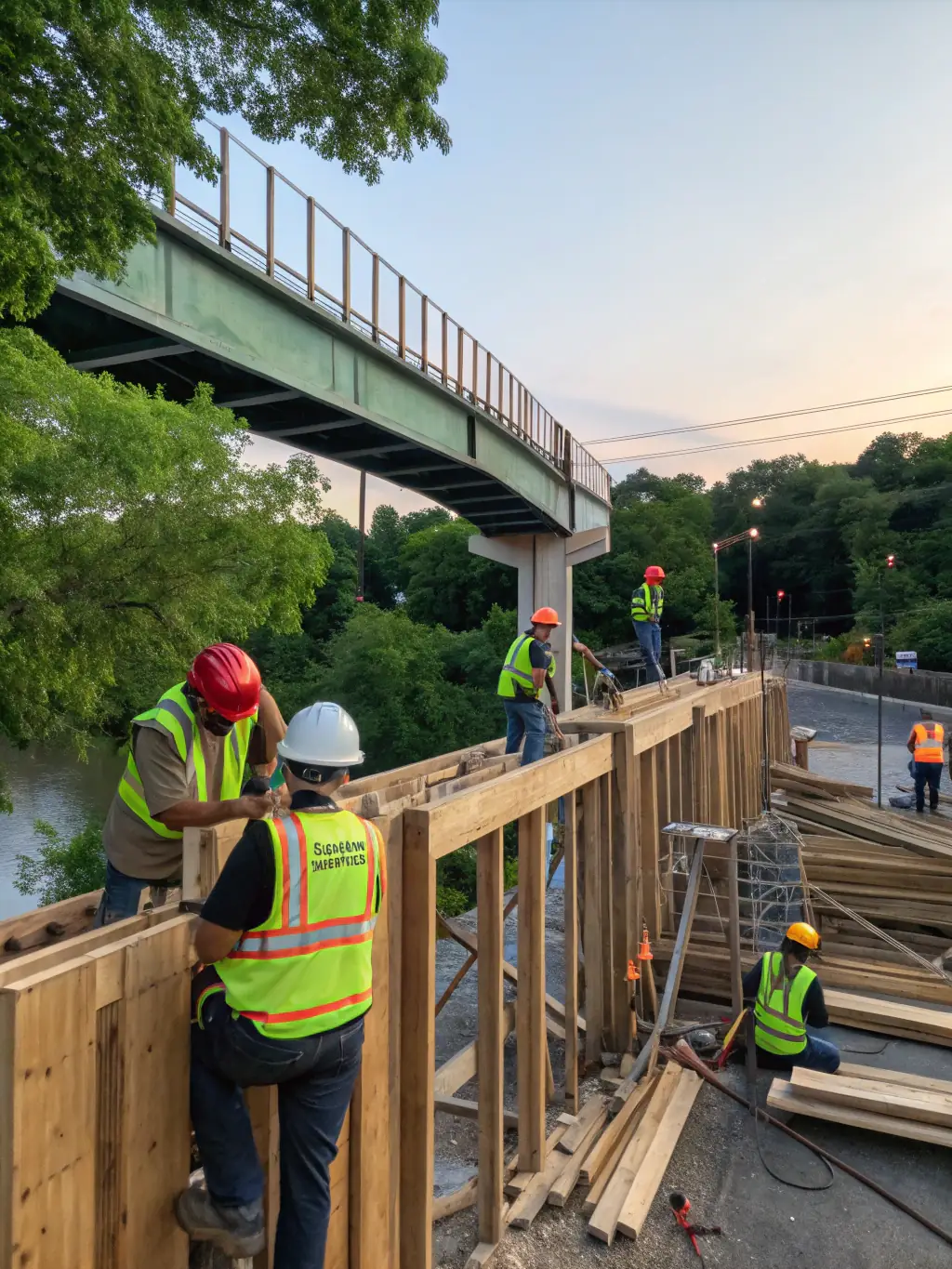 A wide shot of a construction site where RePolyBuild International's recycled plastic building materials are being used to build a sustainable structure, emphasizing the practical application of their products.