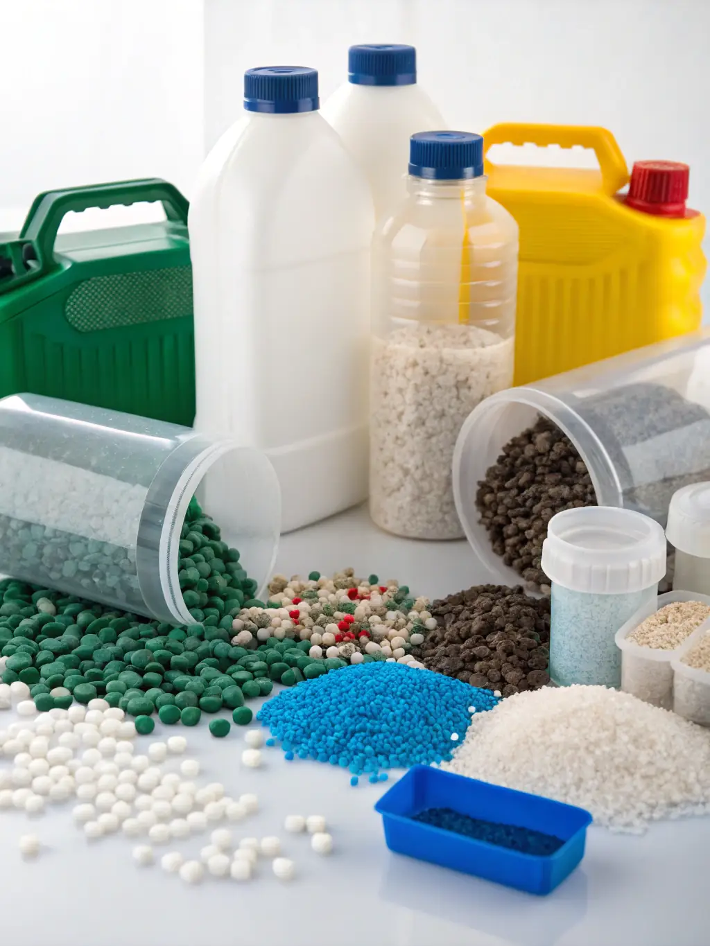 A close-up shot of a collection of recycled plastic granules and pellets, emphasizing their uniform size and quality, ready for use in manufacturing new plastic products by RePolyBuild International.